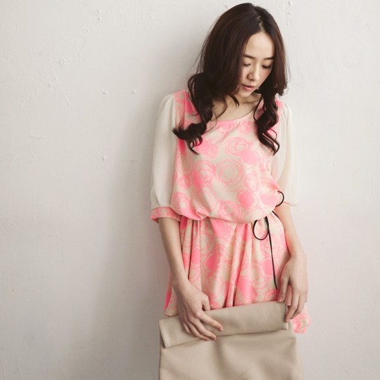2014夏裝新款韓版螢光塗鴉雪紡袖 綁帶洋裝女裝中袖連衣裙工廠,批發,進口,代購