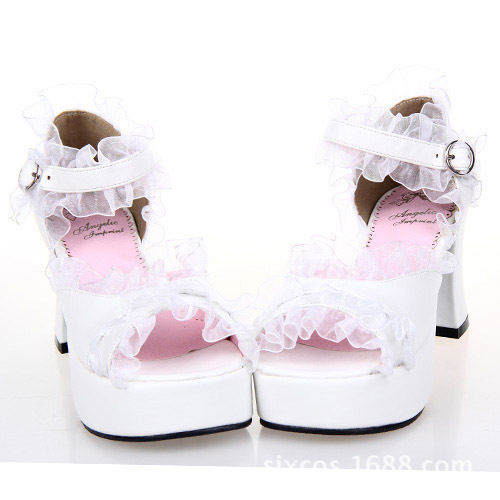 X0257-E 蕾絲邊粗跟涼鞋 洋裝公主洛麗塔女鞋白色COS涼鞋工廠,批發,進口,代購
