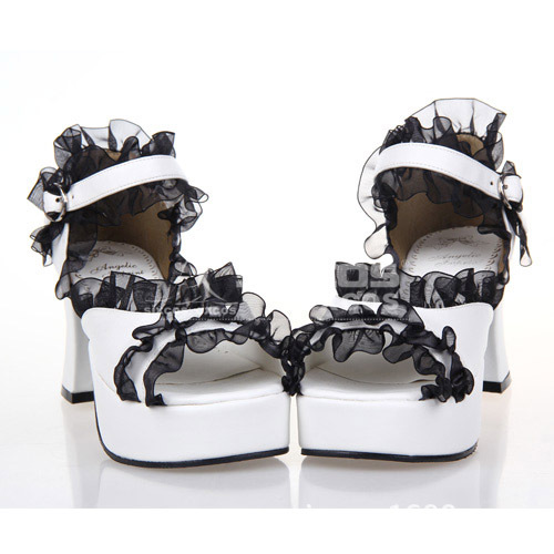 X0257-G 白色黑蕾絲邊粗跟皮鞋 洋裝公主洛麗塔女鞋COS涼鞋工廠,批發,進口,代購