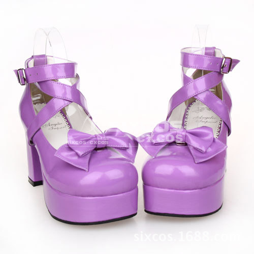 X0264-M 紫色洛麗塔公主洋裝COS表演鞋 蝴蝶結粗跟高跟鞋圓頭鞋工廠,批發,進口,代購