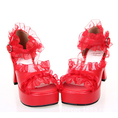 X0257-B 蕾絲邊粗跟皮鞋 洋裝公主洛麗塔女鞋 紅色高跟COS涼鞋批發・進口・工廠・代買・代購