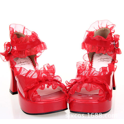 X0257-C 紅色鏡麵紅蕾絲邊粗跟涼鞋 洋裝公主洛麗塔女鞋COS皮鞋工廠,批發,進口,代購