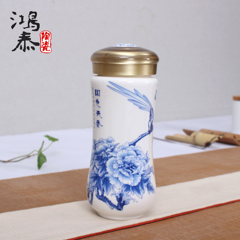 青花保溫水杯 雙層陶瓷內膽全保溫杯 高檔禮品養生杯工廠,批發,進口,代購