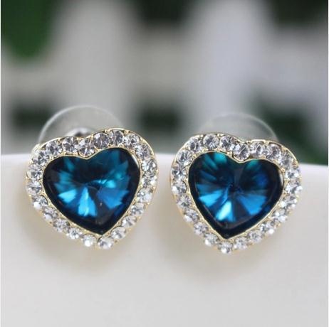 韓劇新品百年的新娘同款藍色水滿鉆愛心閃亮氣質耳釘批發・進口・工廠・代買・代購