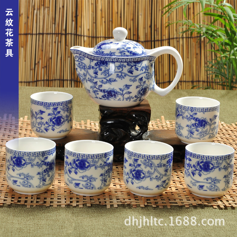 供應7頭青花茶具 青花瓷雲紋花茶具套裝 冰裂促銷禮品茶具工廠,批發,進口,代購