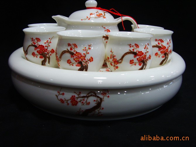 德化陶瓷茶具8頭大茶盤手繪浮雕雙層杯茶具梅花茶壺隔熱杯批發・進口・工廠・代買・代購