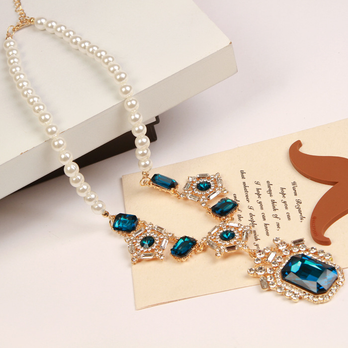 韓劇明星同款韓國韓版藍寶石 珍珠奢華誇張項鏈女配飾裝飾品批發工廠,批發,進口,代購
