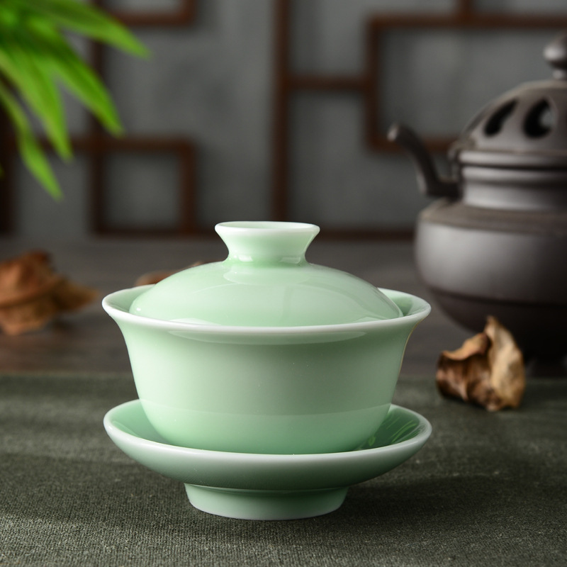 廠傢直銷陶瓷茶具配件三才蓋碗 梅子青平麵 青瓷陶瓷茶備LOGO定製工廠,批發,進口,代購