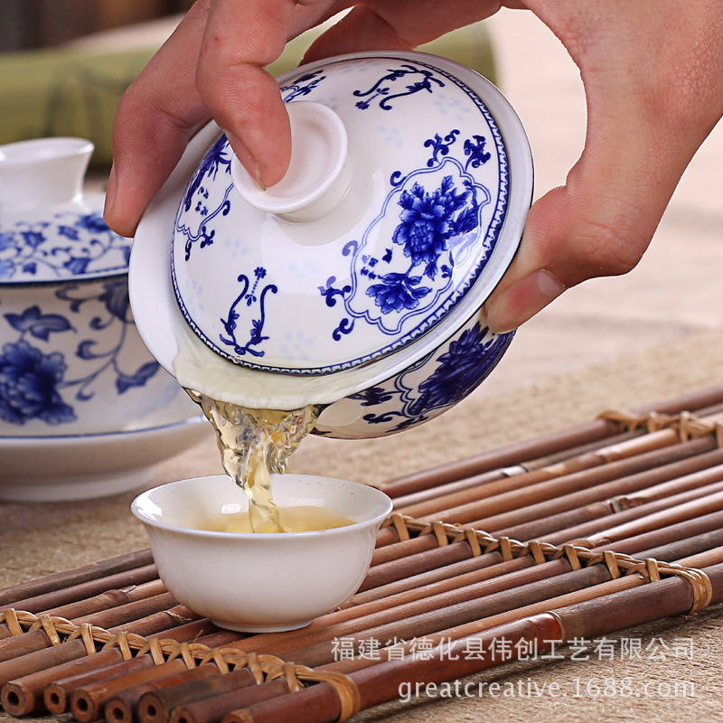 青花陶瓷大號手繪三才蓋碗 茶備杯創意禮品定製 茶具套裝日式手工工廠,批發,進口,代購