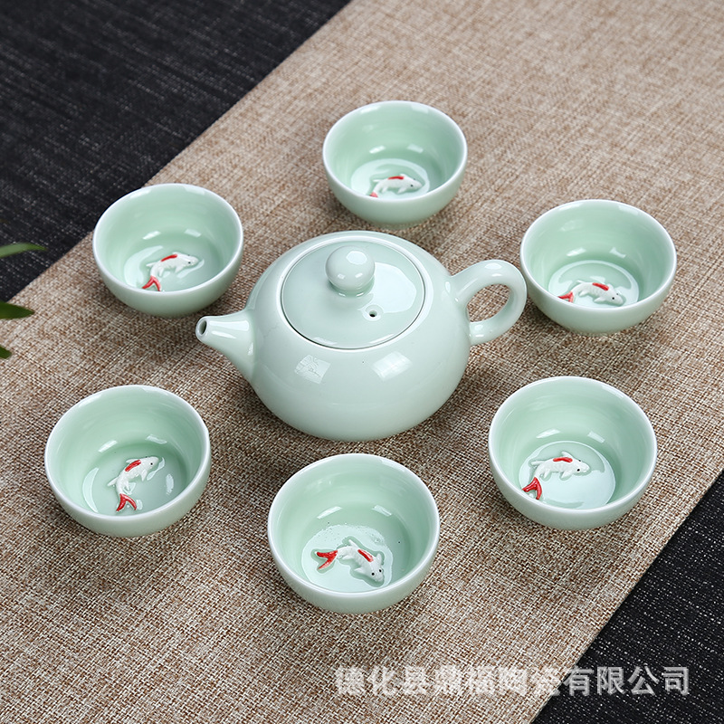 禮品龍泉青瓷7頭鯉魚功夫茶具套裝整套配茶壺陶瓷茶具特價批發工廠,批發,進口,代購
