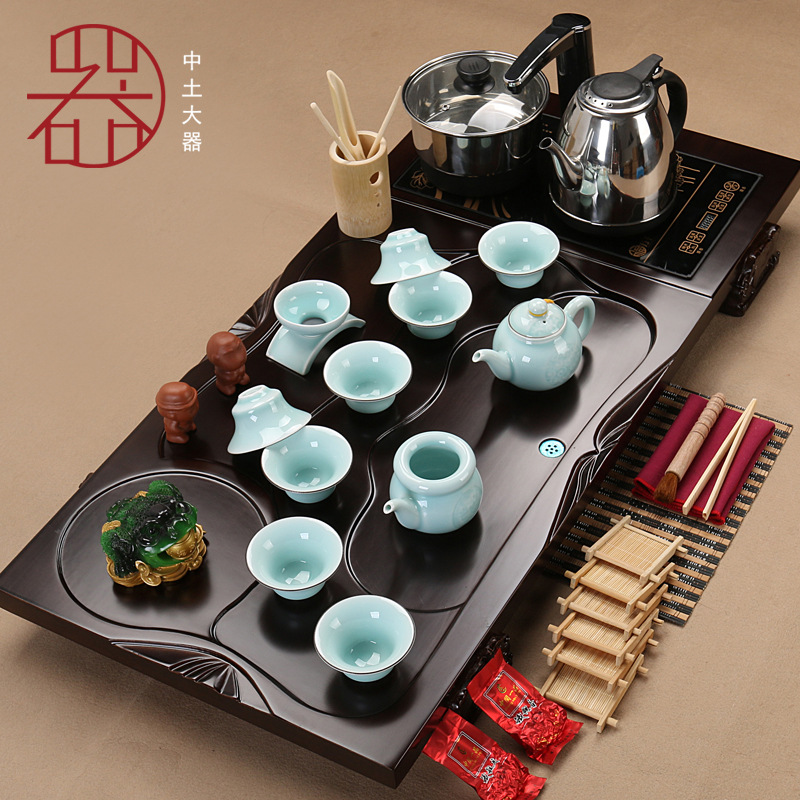 功夫茶具茶壺茶杯套裝特價整套青瓷陶瓷紫砂四合一電磁爐實木茶盤工廠,批發,進口,代購