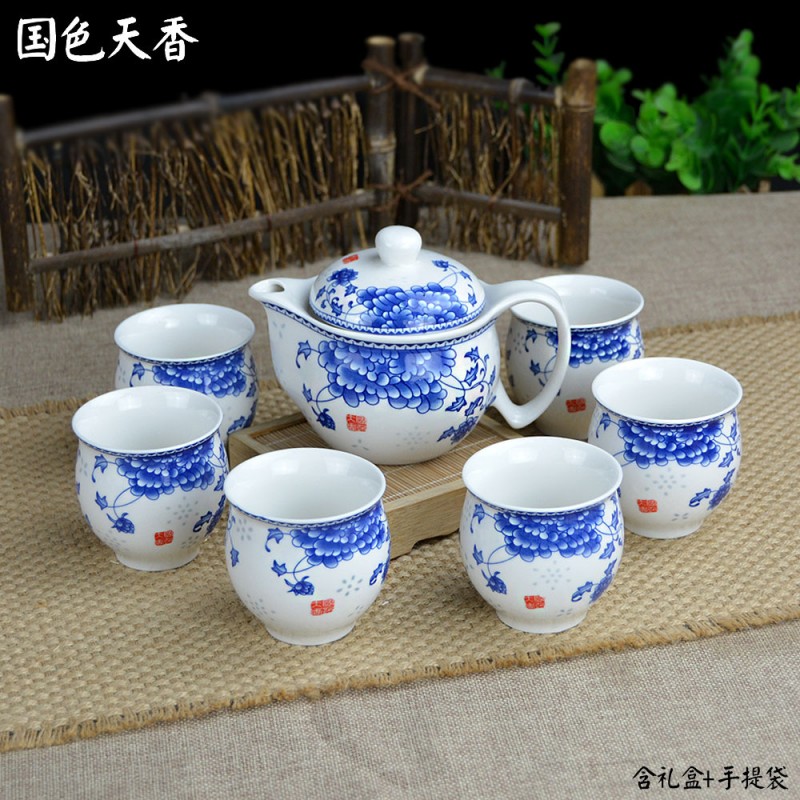 供應 7頭青花瓷茶具套裝特價 雙層隔熱陶瓷功夫茶具禮品定製logo工廠,批發,進口,代購