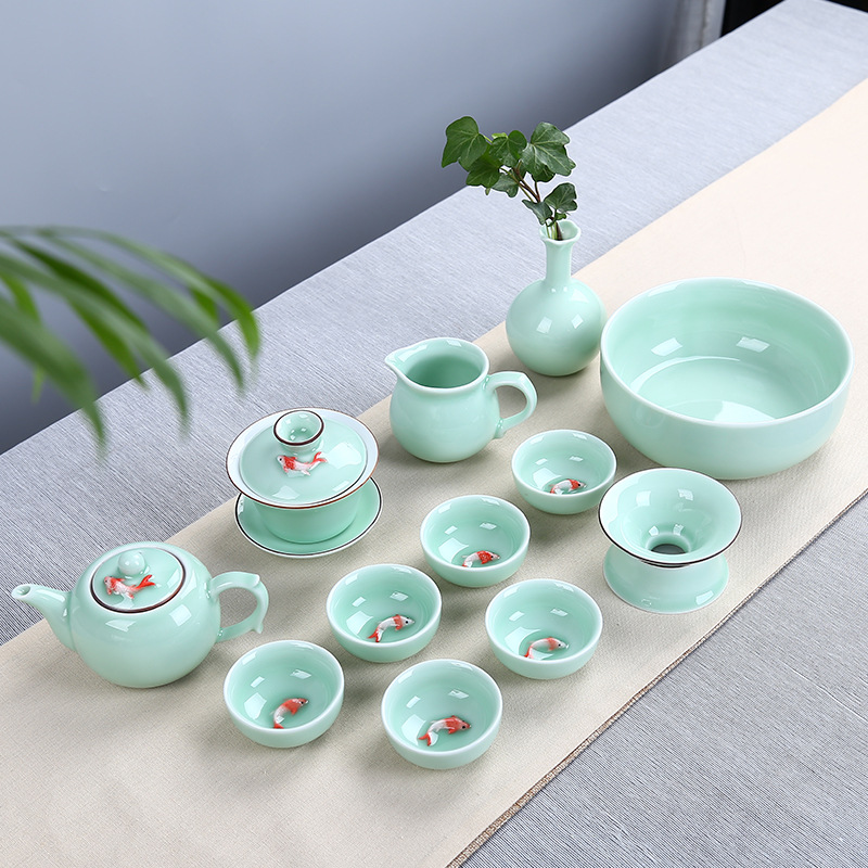 卓天 龍泉青瓷茶具套裝浮雕彩鯉魚杯功夫茶杯 陶瓷整套高檔茶具工廠,批發,進口,代購