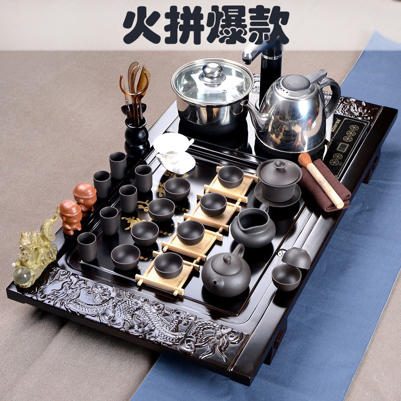 廠傢直銷紫砂功夫茶具四合一電磁爐茶具套裝特價整套陶瓷實木茶盤工廠,批發,進口,代購
