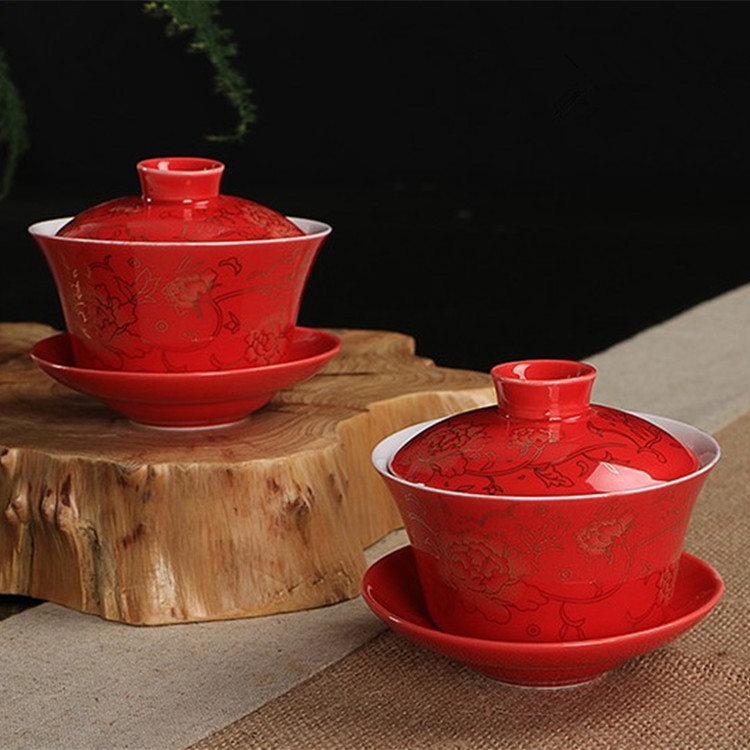 紅色陶瓷茶碗 新婚敬茶三才碗 壽禮敬茶碗 新婚茶具用品禮盒特價工廠,批發,進口,代購