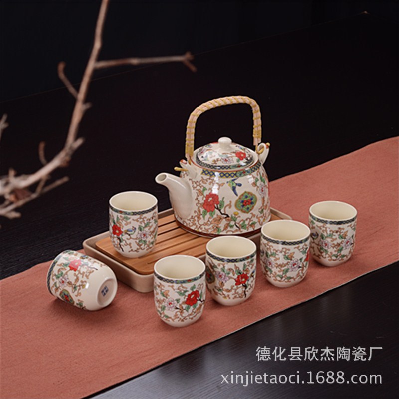 茶具套裝7頭中彩大提梁壺陶瓷茶具 日式花鳥茶具禮品可加LOGO工廠,批發,進口,代購