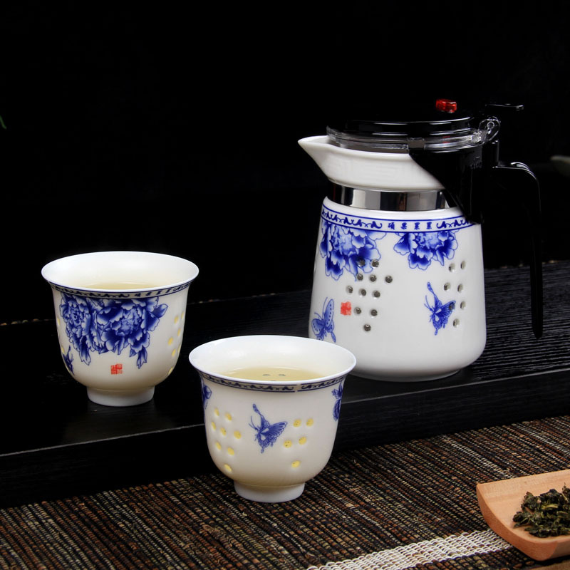 水晶青花玲瓏鏤空米通陶瓷功夫飄逸一壺兩杯情侶旅行遊茶具整套裝工廠,批發,進口,代購