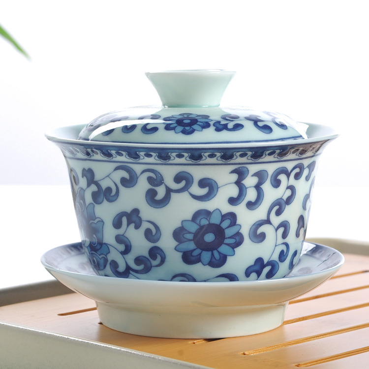 中國名瓷德化手繪青瓷大茶杯蓋碗青瓷陶瓷三才杯茶碗青花蓋碗工廠,批發,進口,代購