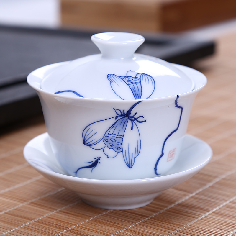 誠品茶具陶瓷蓋碗三才碗手繪功夫茶具大號茶杯陶瓷茶碗白瓷敬茶杯工廠,批發,進口,代購
