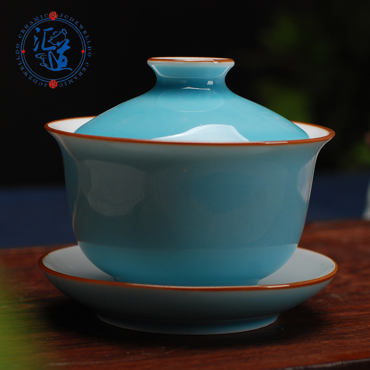 匯道陶瓷 顏色湖藍釉紫金邊蓋碗茶杯 茶具禮盒裝 廠傢直銷批發工廠,批發,進口,代購