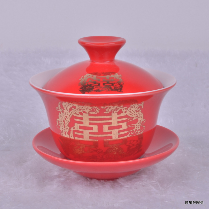 廠傢直銷婚慶禮品富貴牡丹中國紅瓷龍鳳雙喜蓋碗敬茶碗工廠,批發,進口,代購