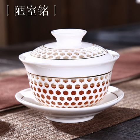 茶具陶瓷傢用創意三才杯透明蓋碗茶碗大號紅茶品茗杯功夫蜂窩玲瓏批發・進口・工廠・代買・代購