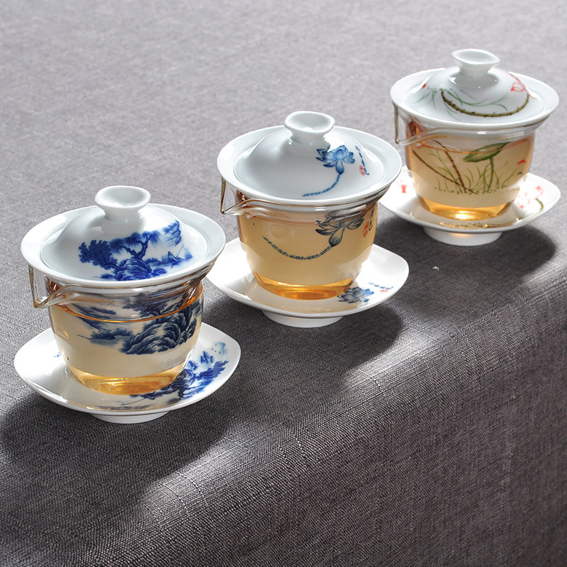 伽釋手繪白瓷大號三才蓋碗陶瓷功夫茶具泡茶杯高檔泡茶碗茶海工廠,批發,進口,代購