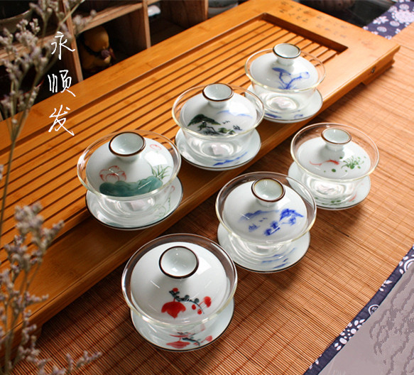 茶具玻璃陶瓷蓋碗 五彩青花高硼矽玻璃敬茶碗 玻璃手繪青瓷蓋碗工廠,批發,進口,代購
