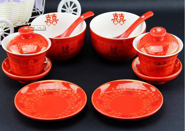 中國紅喜碗子孫夫妻婚慶對碗結婚對杯陶瓷餐具套裝 喜字十二件套工廠,批發,進口,代購