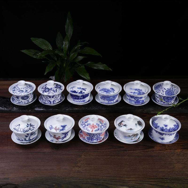 景德鎮高白青花大號陶瓷蓋碗3.8寸三才敬茶碗功夫茶具泡茶碗批發工廠,批發,進口,代購