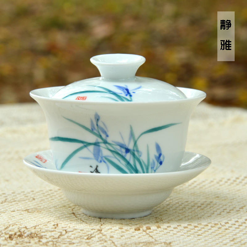 陶瓷茶具 德化手繪蘭花蓋碗 茶備  廠傢直銷 特價 靜雅工廠,批發,進口,代購