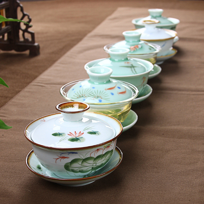 青瓷 陶瓷手繪三才碗 玻璃蓋碗 仿古茶道泡茶器 功夫茶具工廠,批發,進口,代購