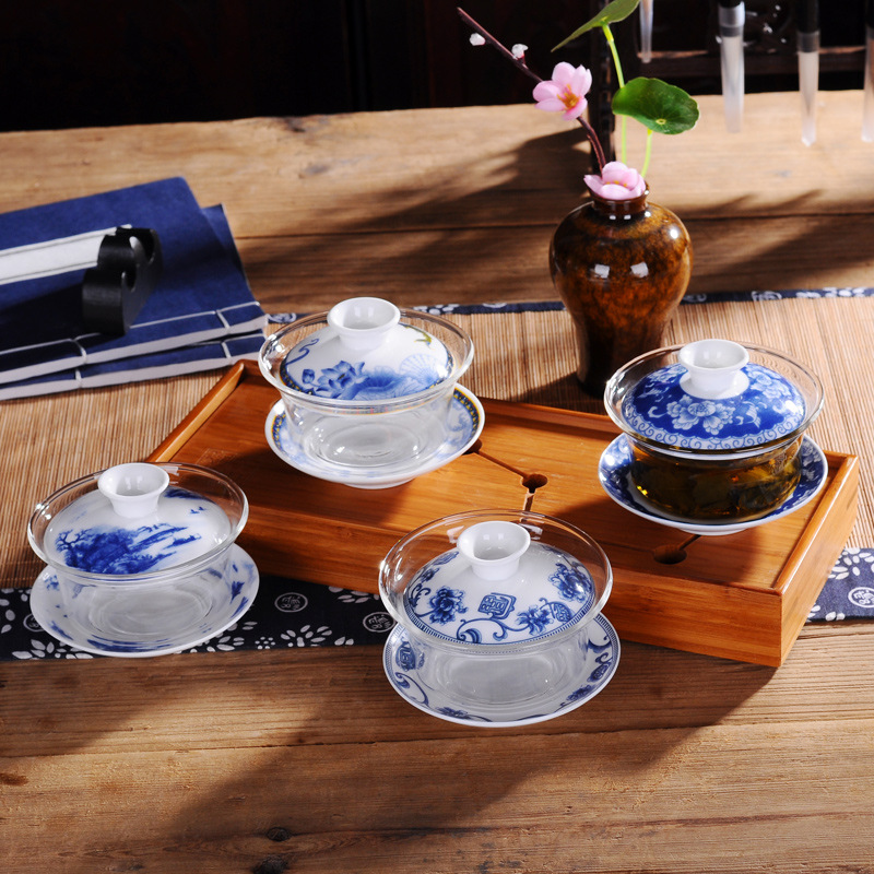 新款青花陶瓷三才蓋碗創意耐熱玻璃敬茶碗功夫茶具配件工廠,批發,進口,代購