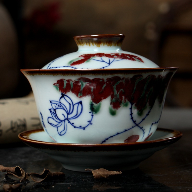 亦紫陶功夫茶具整套批發 陶瓷蓋碗 零配 手繪青花瓷 釉裡紅三才碗工廠,批發,進口,代購