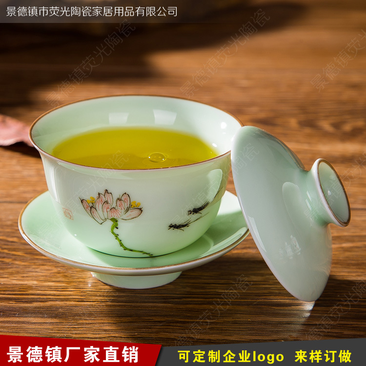 促銷陶瓷功夫茶具大號蓋碗 手繪三才荷花杯手工陶瓷茶杯品茗杯工廠,批發,進口,代購