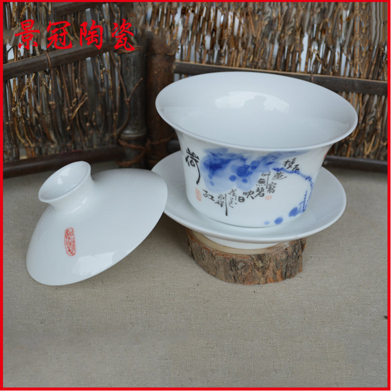 直銷供應 高品質青花手繪茶具蓋碗 景德陶創意瓷手繪方形蓋碗批發・進口・工廠・代買・代購