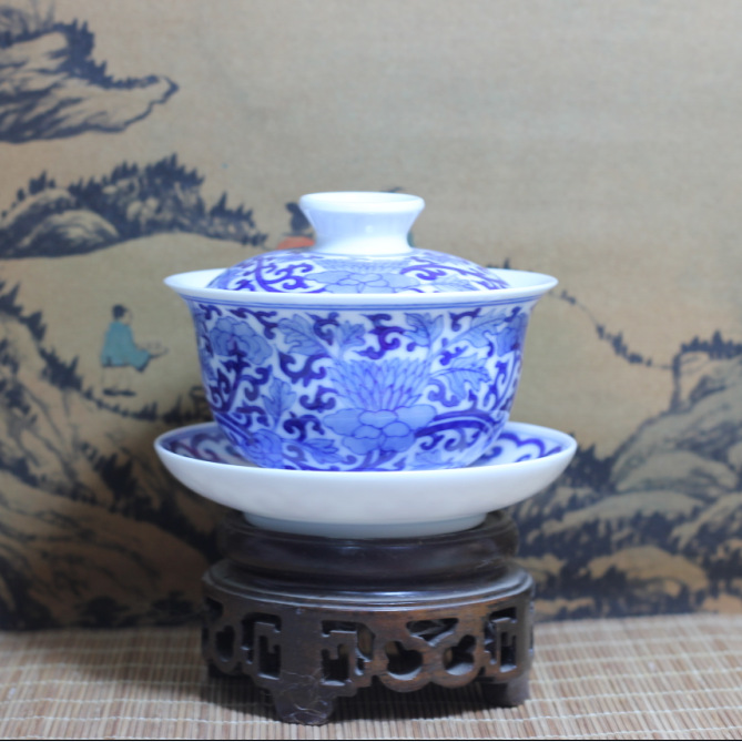 2014年新品 景德鎮手繪青花工筆荷花蓋碗 工夫 禮品 茶具定製工廠,批發,進口,代購