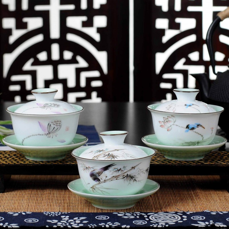 新款陶瓷三才蓋碗創意青瓷大白釉敬茶碗功夫茶具配件批發・進口・工廠・代買・代購