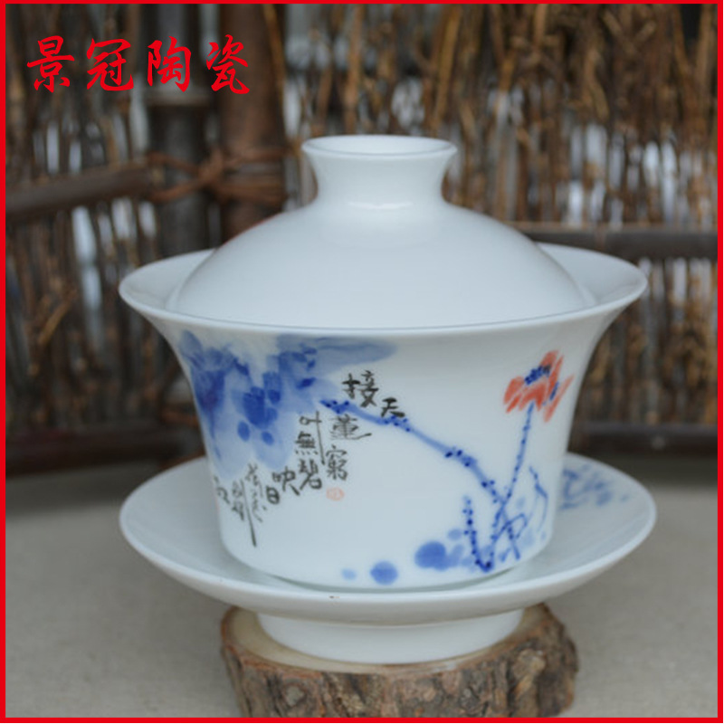 直銷供應 手繪粉彩茶具雙層陶瓷蓋碗 優質手繪茶具方形蓋碗批發・進口・工廠・代買・代購