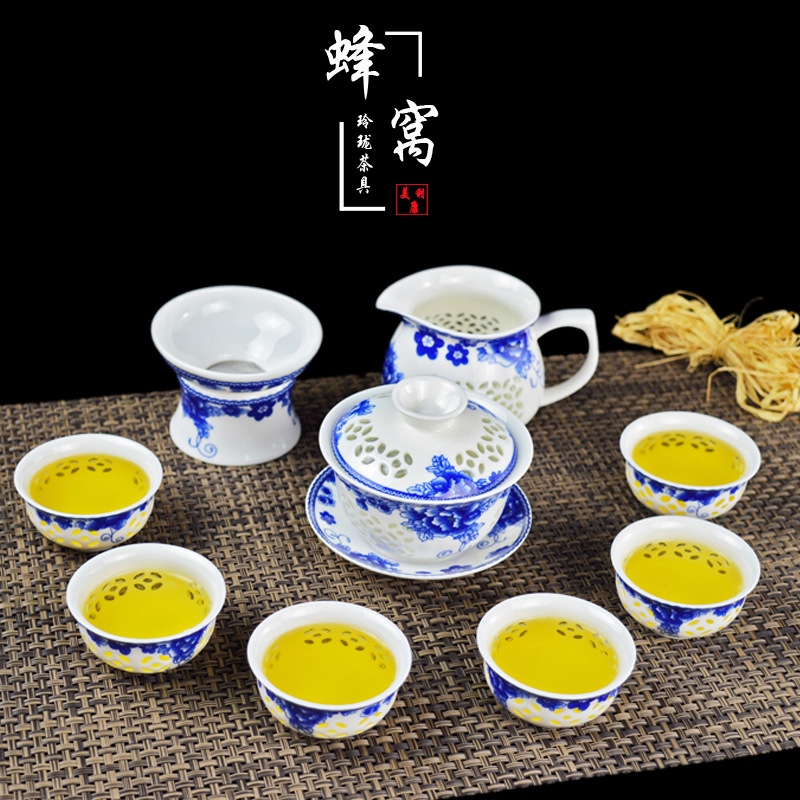 廠傢特價茶具帶禮盒青花牡丹玲瓏鏤空蜂巢茶具套裝 logo定製工廠,批發,進口,代購