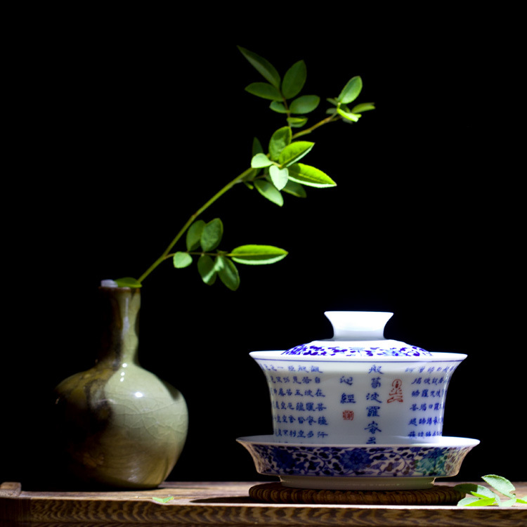 恩窯陶瓷青花大蓋碗三才敬茶碗  波羅蜜心經  禮盒裝工廠,批發,進口,代購