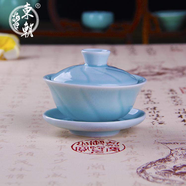東朝茶具 青瓷杯 高檔 功夫陶瓷 豆青螺紋蓋碗工廠,批發,進口,代購