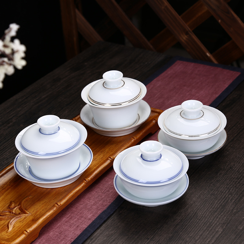 景德鎮手繪青花瓷蓋碗大號茶碗陶瓷功夫茶具手繪三才蓋碗茶杯工廠,批發,進口,代購