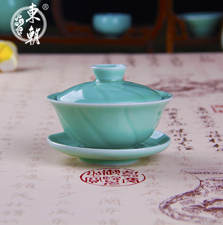 東朝茶具 青瓷杯 高檔 功夫陶瓷 梅子青螺紋蓋碗工廠,批發,進口,代購