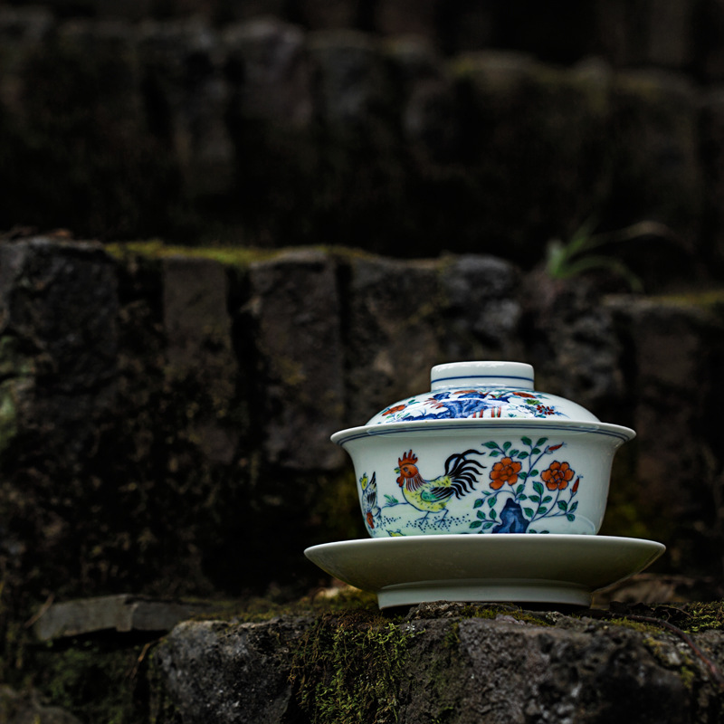 恩窯陶瓷鬥彩公雞紋大蓋碗三才杯景德鎮手繪瓷 可收藏的茶具工廠,批發,進口,代購