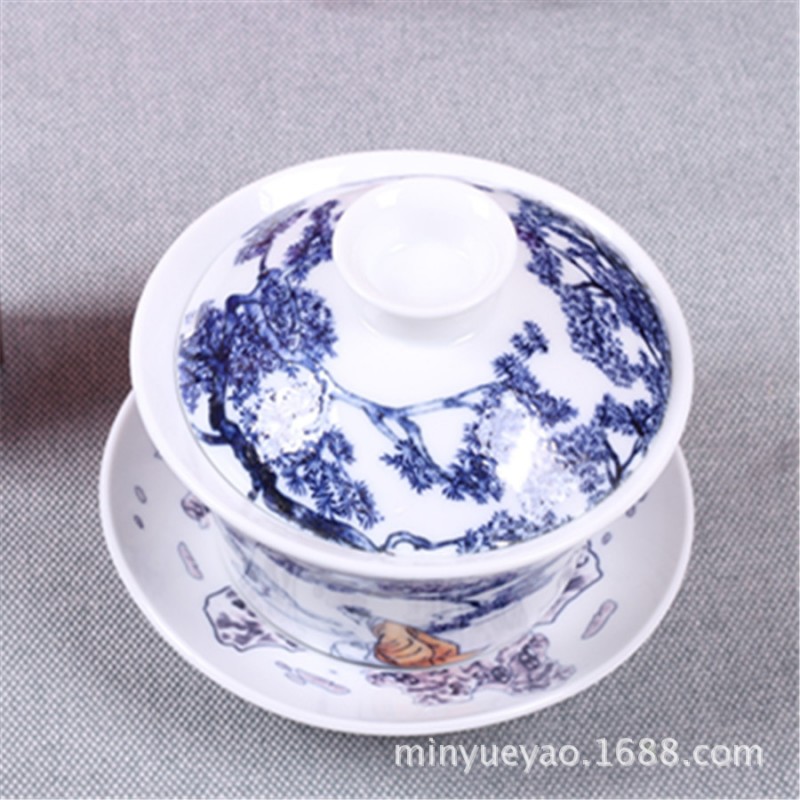 【直銷】008#蘇東坡 特大號蓋碗 手繪青花 茶備茶碗 4.5寸口徑工廠,批發,進口,代購