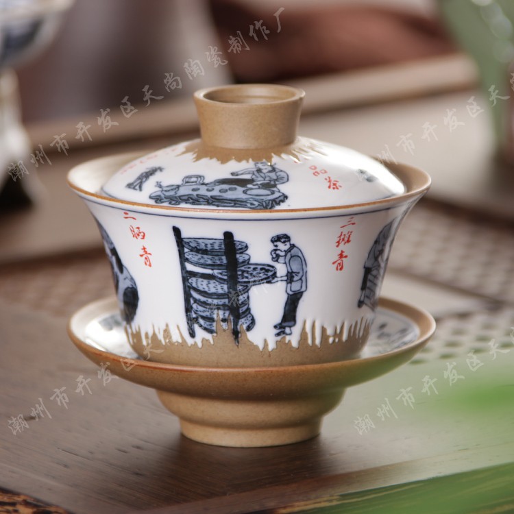 大號手繪青花三才蓋碗套裝 粗陶土陶瓷茶具茶碗工藝禮品 製茶工廠,批發,進口,代購