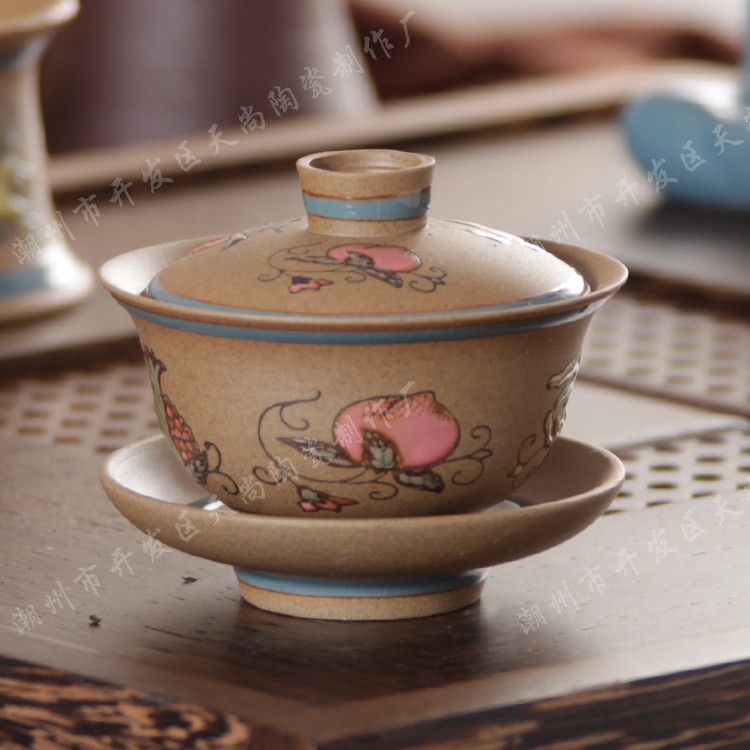 彩色陶土三才蓋碗套裝 粗陶哥窯茶具 手彩浮雕陶瓷禮品 三多工廠,批發,進口,代購