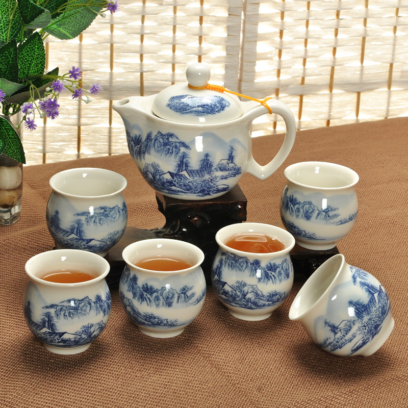 廠傢直銷 茶具套裝 7頭雙層平口杯茶具 陶瓷茶具特價青花瓷帶禮盒工廠,批發,進口,代購