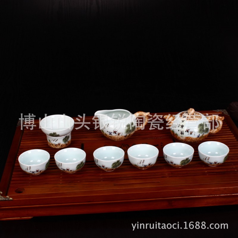 10頭中式手繪茶具 陶瓷茶具套裝 高檔促銷禮品 功夫茶具定製logo批發・進口・工廠・代買・代購